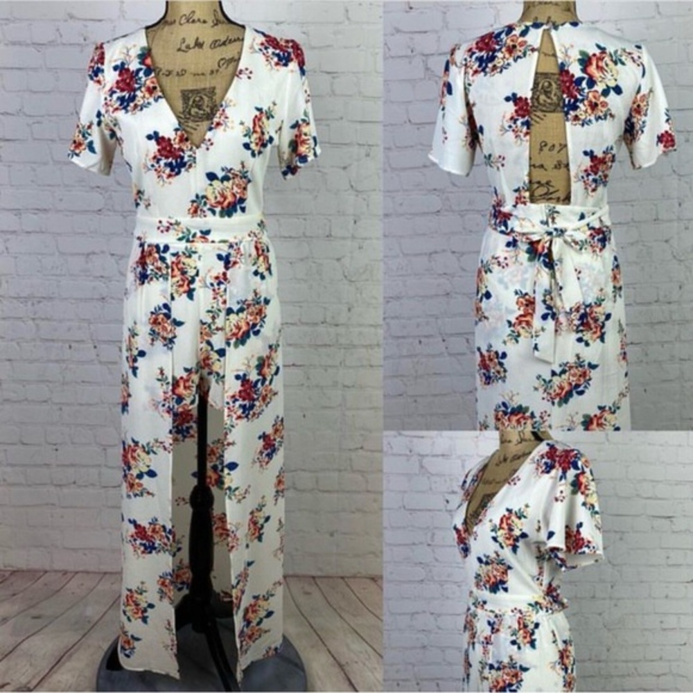 Crystal Skye Floral Print Open Back Maxi Romper